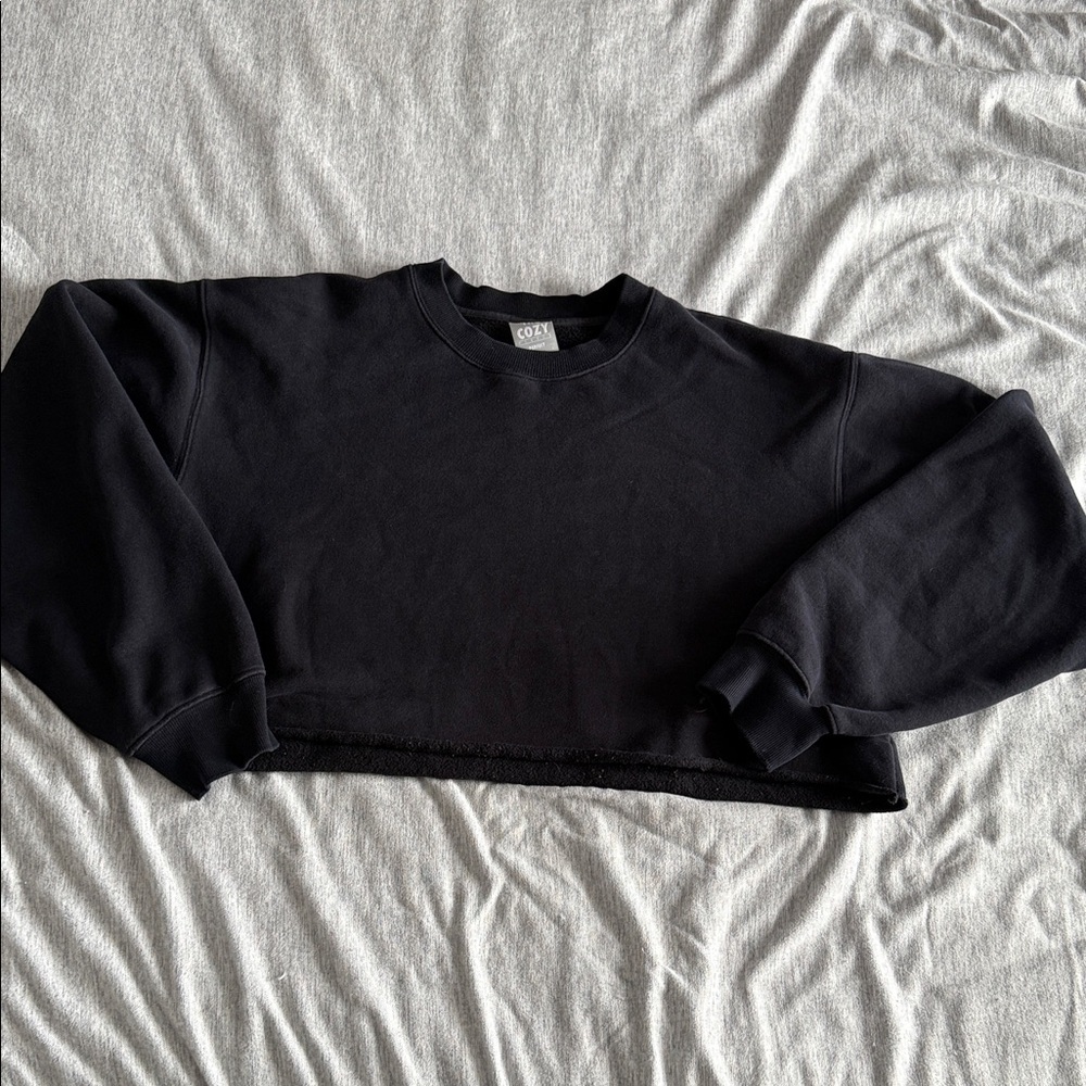 TNA Cozy Fleece Cropped Crew Neck Sweatshirt – Black – Size Large